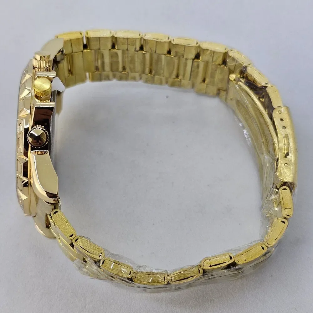 Men's Watch Bracelet Set 43MM Black Dial Date Gold‎ Bracelet Band 8